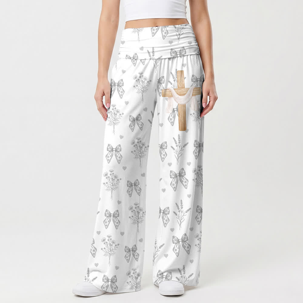 Christianartworkshop Pantaloni da donna a gamba larga, grigio chiaro con stampa floreale e fiocco. - US22,UK/AU26,EU54 - image 0