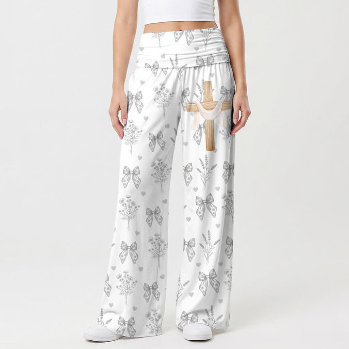 Christianartworkshop Pantaloni da donna a gamba larga, grigio chiaro con stampa floreale e fiocco. - US22,UK/AU26,EU54 - image 0