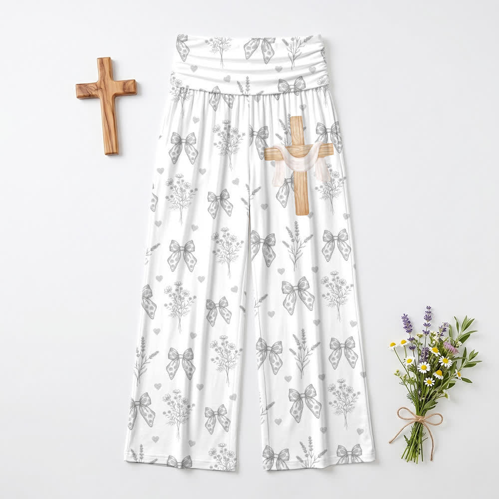 Christianartworkshop Pantaloni da donna a gamba larga, grigio chiaro con stampa floreale e fiocco. - image 2