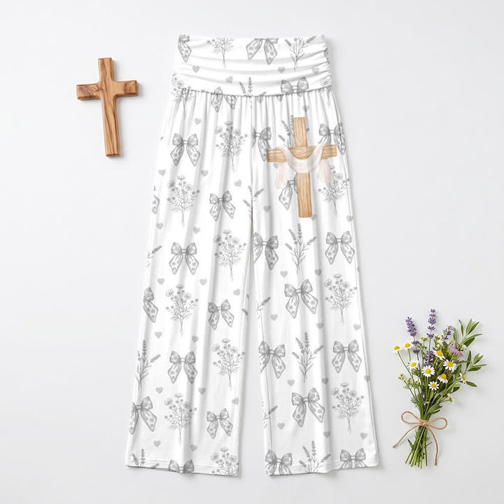 Christianartworkshop Pantaloni da donna a gamba larga, grigio chiaro con stampa floreale e fiocco. - image 2