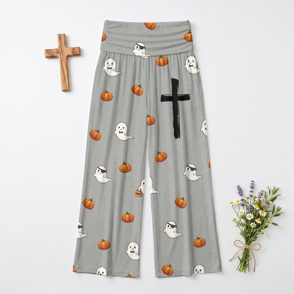 Christianartworkshop Pantaloni da donna a gamba larga Ghost Pumpkin Cross Cozy Lounge - US22,UK/AU26,EU54 - image 0