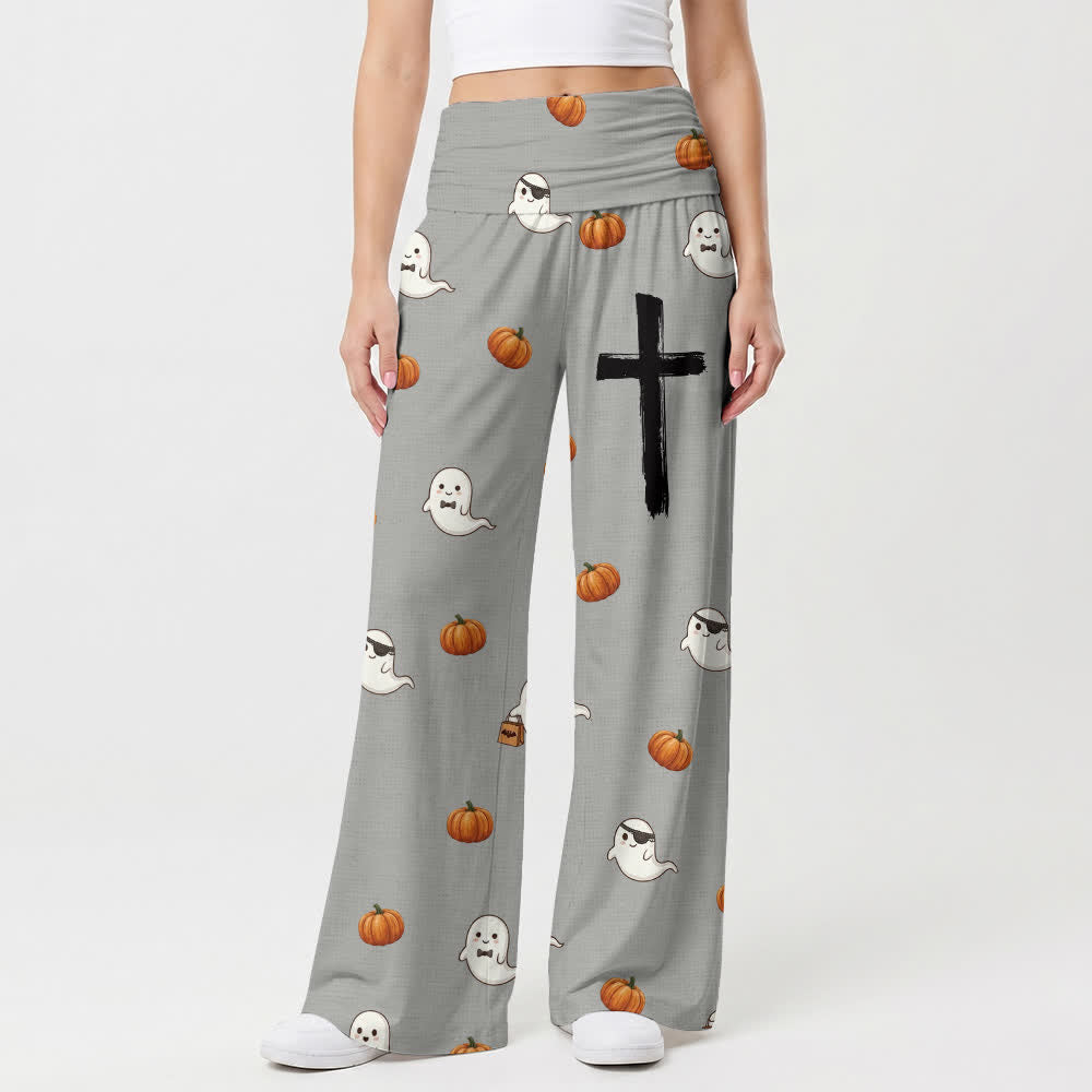 Christianartworkshop Pantaloni da donna a gamba larga Ghost Pumpkin Cross Cozy Lounge - image 1