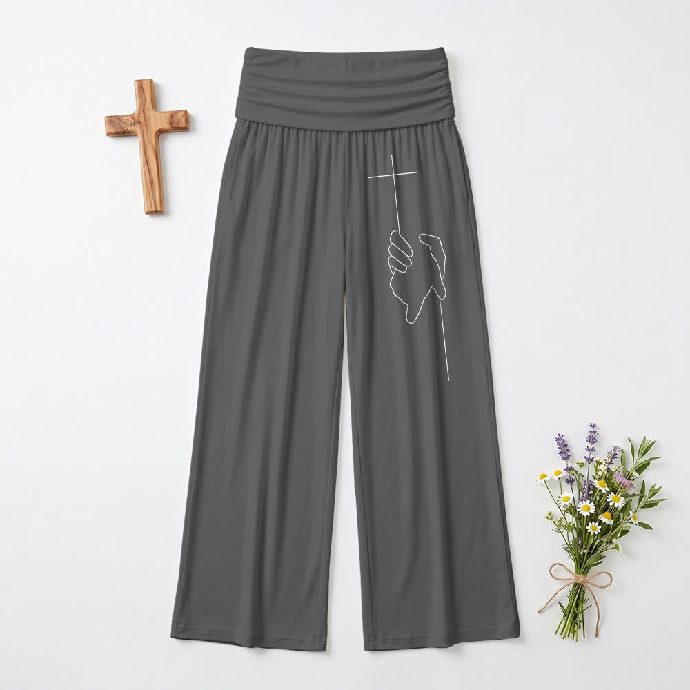 Christianartworkshop Eleganti pantaloni da donna neri a gamba larga con motivo a croce e drappeggio morbido. - Grigio - US22,UK/AU26,EU54 - image 6