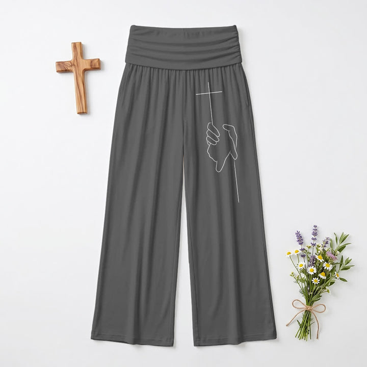 Christianartworkshop Eleganti pantaloni da donna neri a gamba larga con motivo a croce e drappeggio morbido. - Grigio - US22,UK/AU26,EU54 - image 6