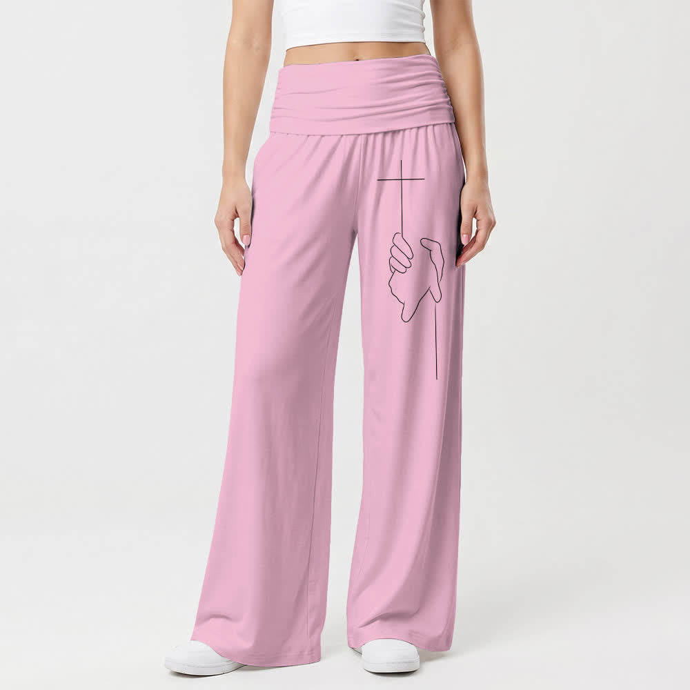 Christianartworkshop Eleganti pantaloni da donna neri a gamba larga con motivo a croce e drappeggio morbido. - image 10