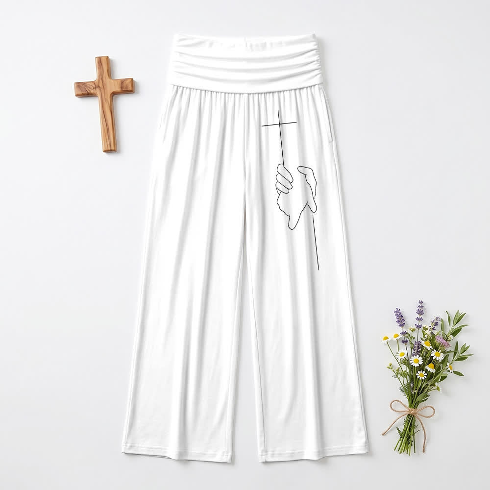 Christianartworkshop Eleganti pantaloni da donna neri a gamba larga con motivo a croce e drappeggio morbido. - Bianco - US22,UK/AU26,EU54 - image 12