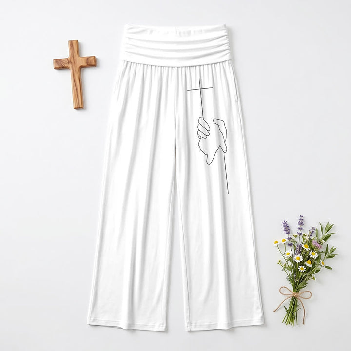 Christianartworkshop Eleganti pantaloni da donna neri a gamba larga con motivo a croce e drappeggio morbido. - Bianco - US22,UK/AU26,EU54 - image 12