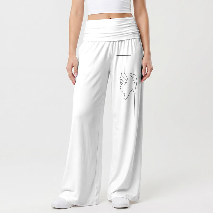 Christianartworkshop Eleganti pantaloni da donna neri a gamba larga con motivo a croce e drappeggio morbido. - image 13