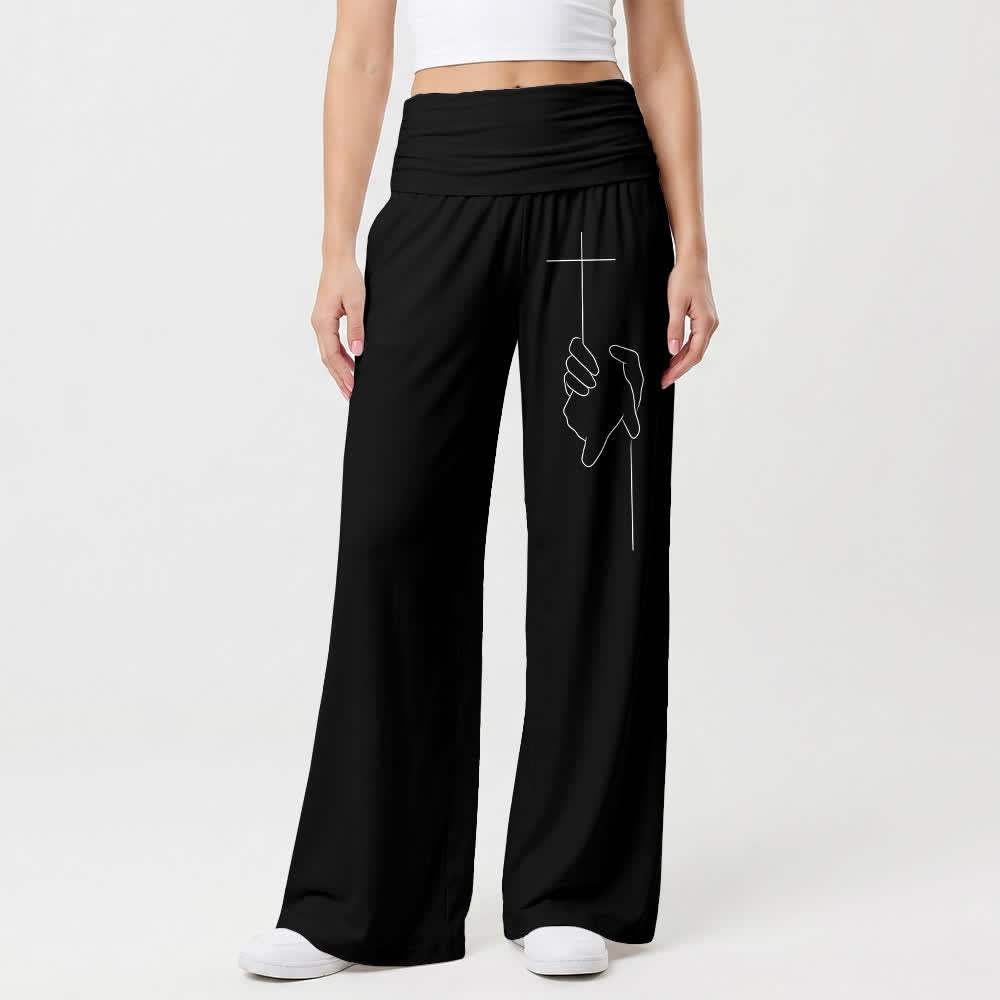 Christianartworkshop Eleganti pantaloni da donna neri a gamba larga con motivo a croce e drappeggio morbido. - image 1