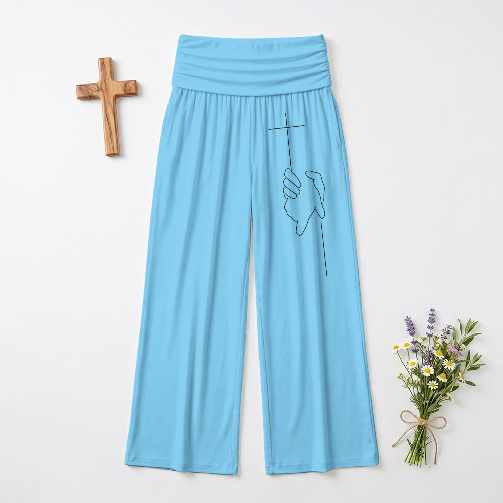 Christianartworkshop Eleganti pantaloni da donna neri a gamba larga con motivo a croce e drappeggio morbido. - Blu - US22,UK/AU26,EU54 - image 3