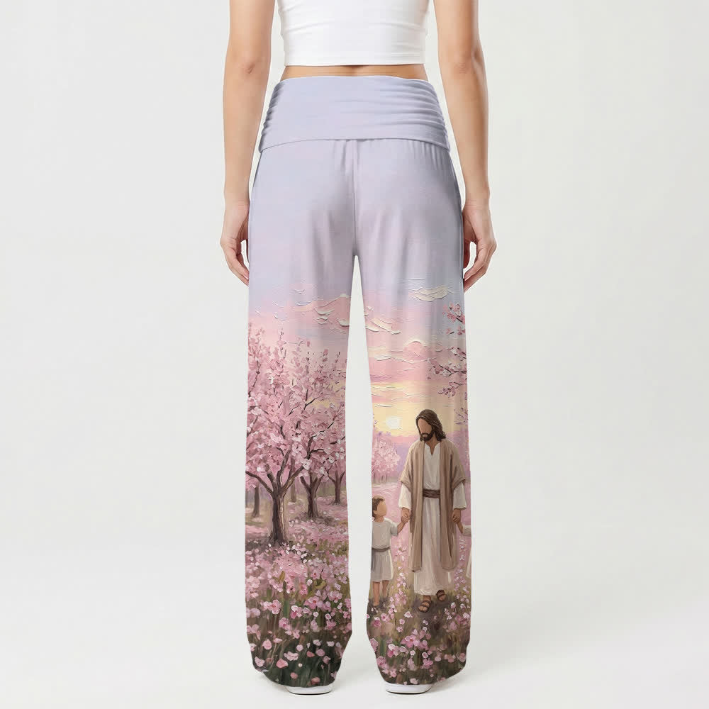 Christianartworkshop Pantaloni da donna a gamba larga con stampa "Jesus Cherry Blossom Sunrise" - image 2