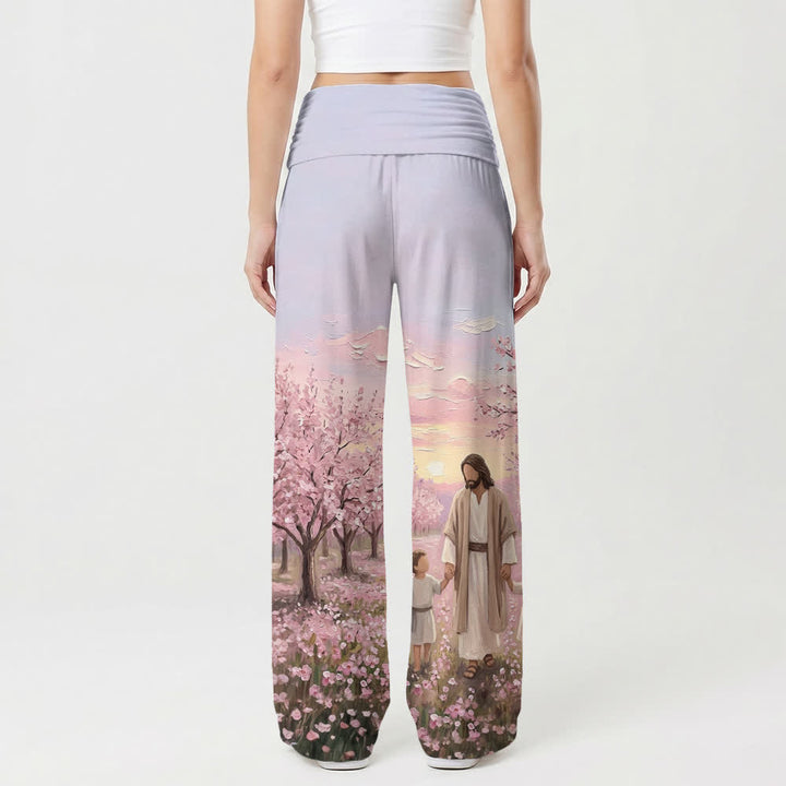 Christianartworkshop Pantaloni da donna a gamba larga con stampa "Jesus Cherry Blossom Sunrise" - image 2