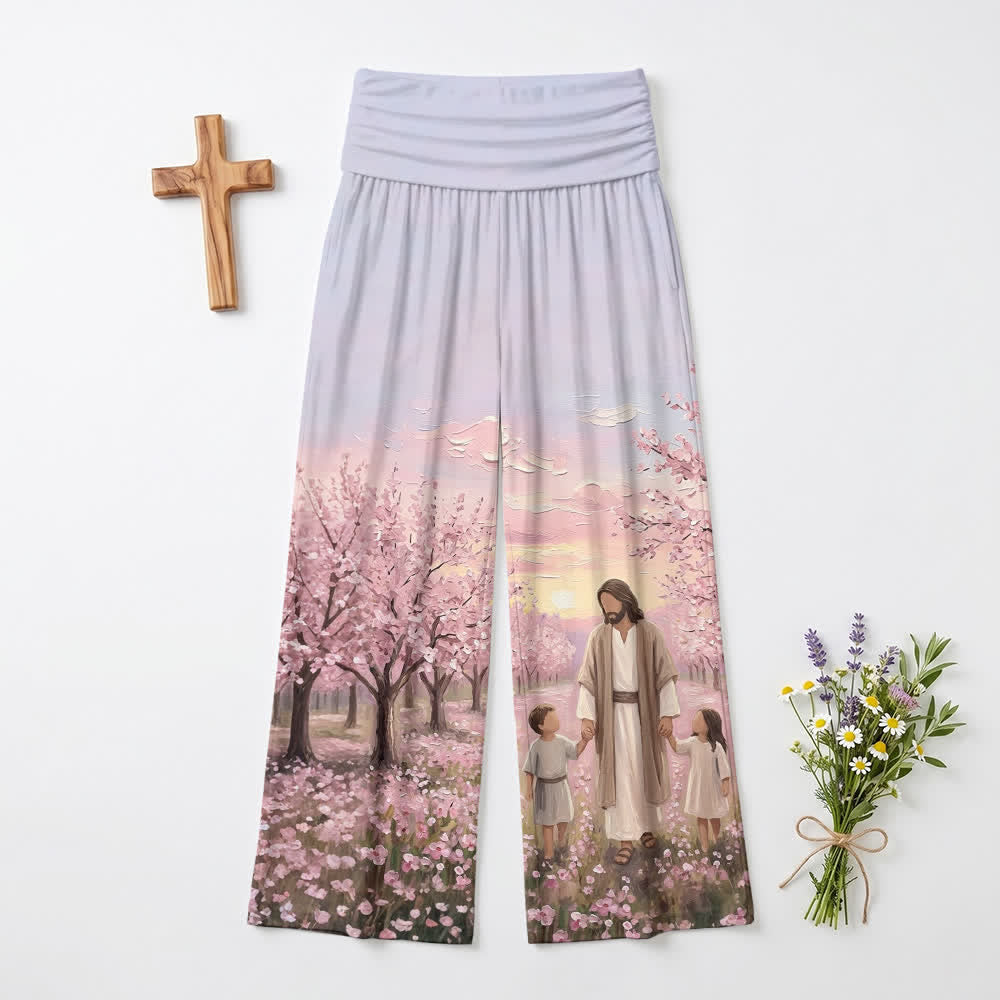 Christianartworkshop Pantaloni da donna a gamba larga con stampa "Jesus Cherry Blossom Sunrise" - US22,UK/AU26,EU54 - image 0