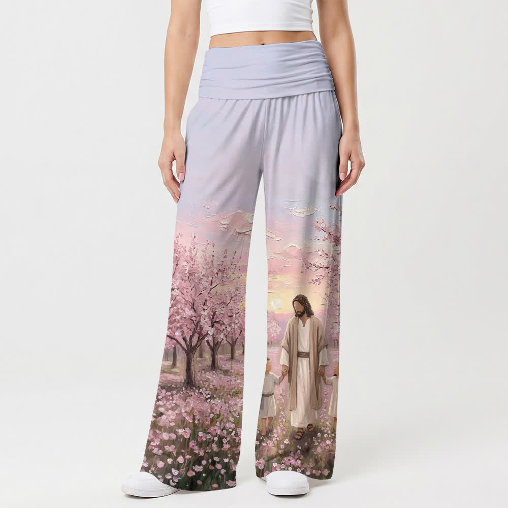 Christianartworkshop Pantaloni da donna a gamba larga con stampa "Jesus Cherry Blossom Sunrise" - image 1