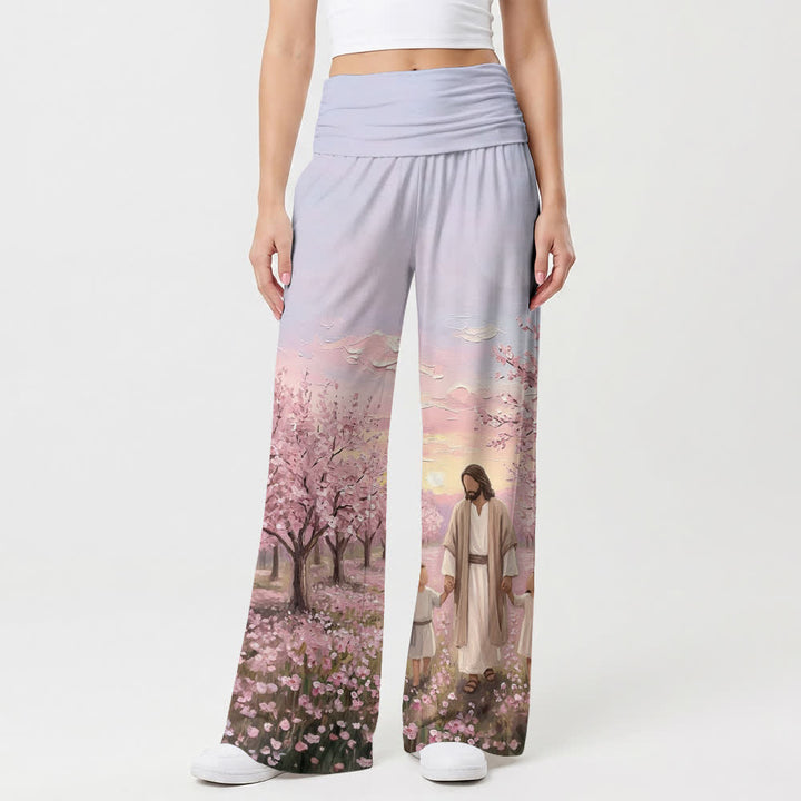 Christianartworkshop Pantaloni da donna a gamba larga con stampa "Jesus Cherry Blossom Sunrise" - image 1