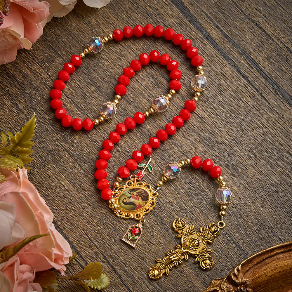 Christianartworkshop Rosario ornato a tema Santa Teresa con croce intagliata a forma di rosa: emblema della dolce grazia celeste. - Rosario a tema Rosa Santa Teresa - image 0