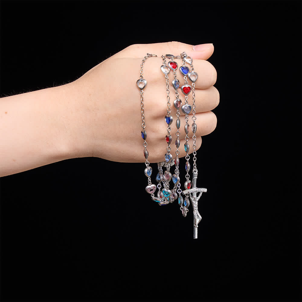 Christianartworkshop Rosario a forma di cuore color argento con zirconi e medaglione di San Benedetto: emblema della dolce grazia celeste. - image 1