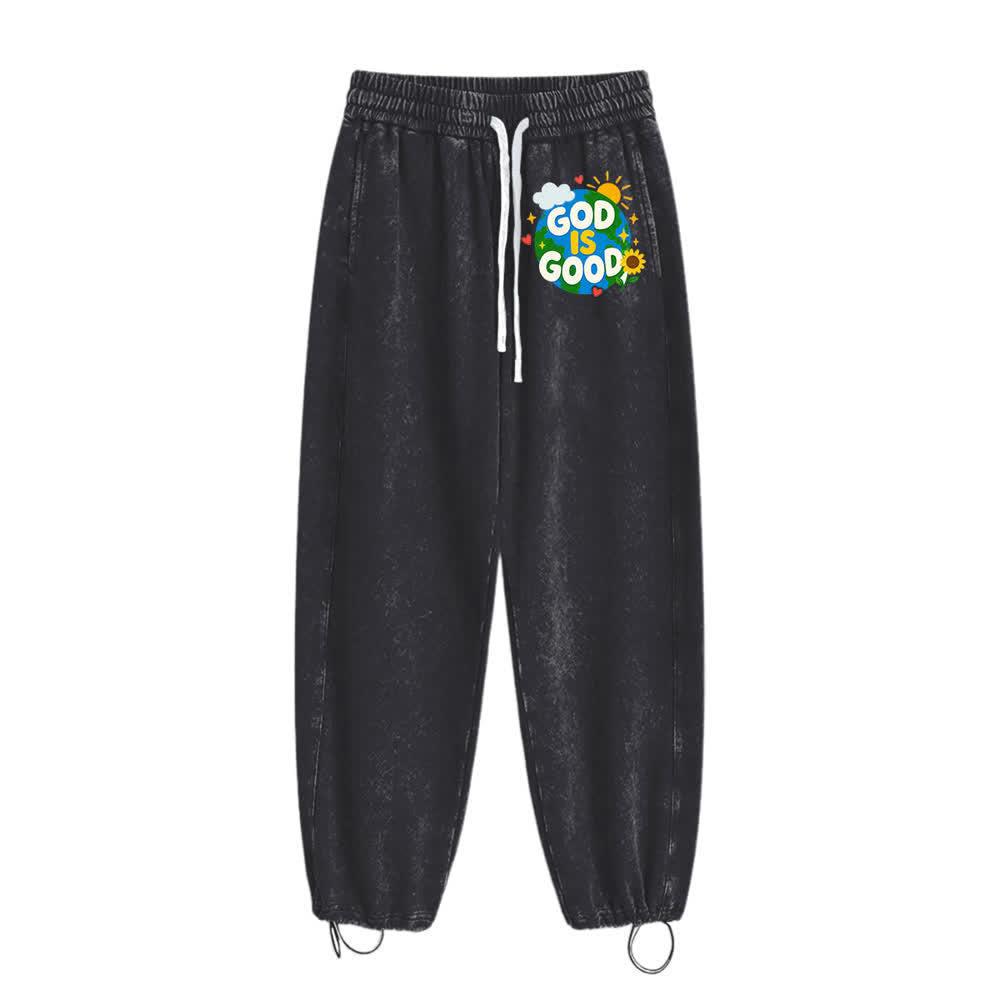 Christianartworkshop Pantaloni della tuta lavati con scritta "Dio è buono" e girasole - image 5