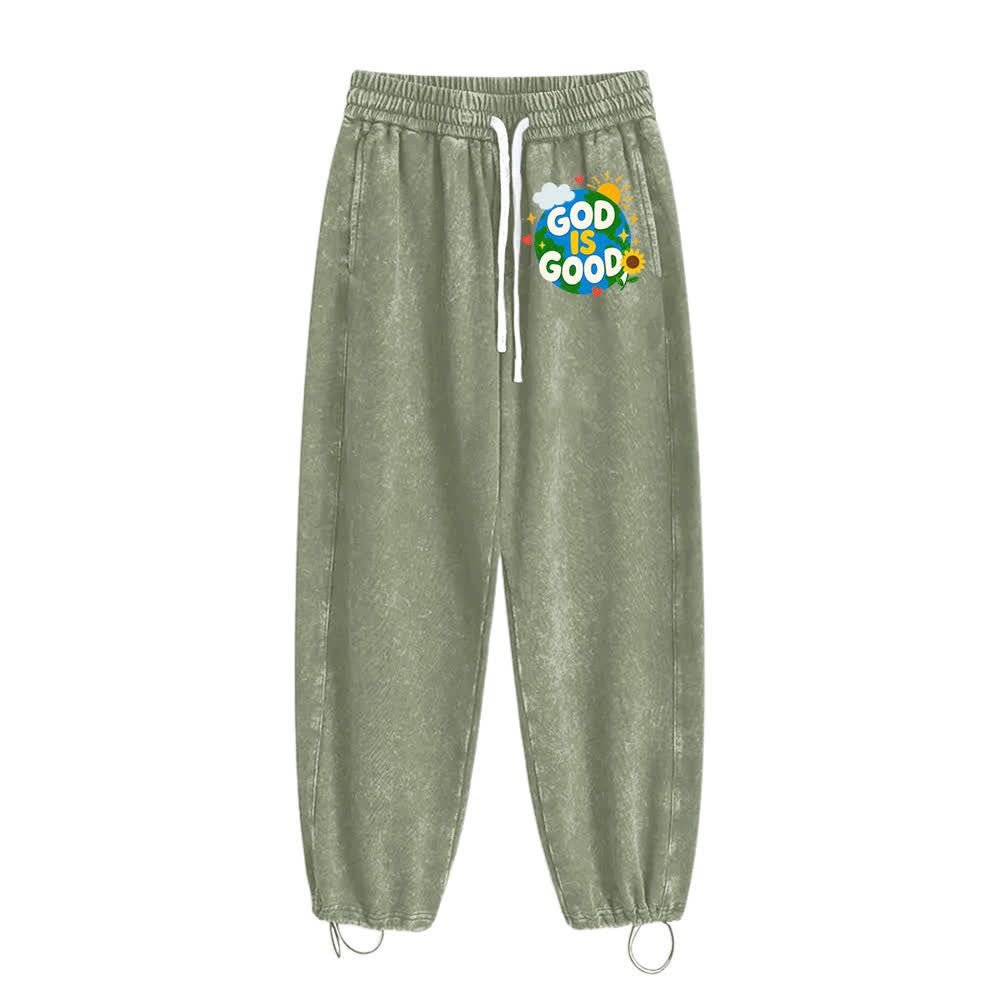 Christianartworkshop Pantaloni della tuta lavati con scritta "Dio è buono" e girasole - image 2