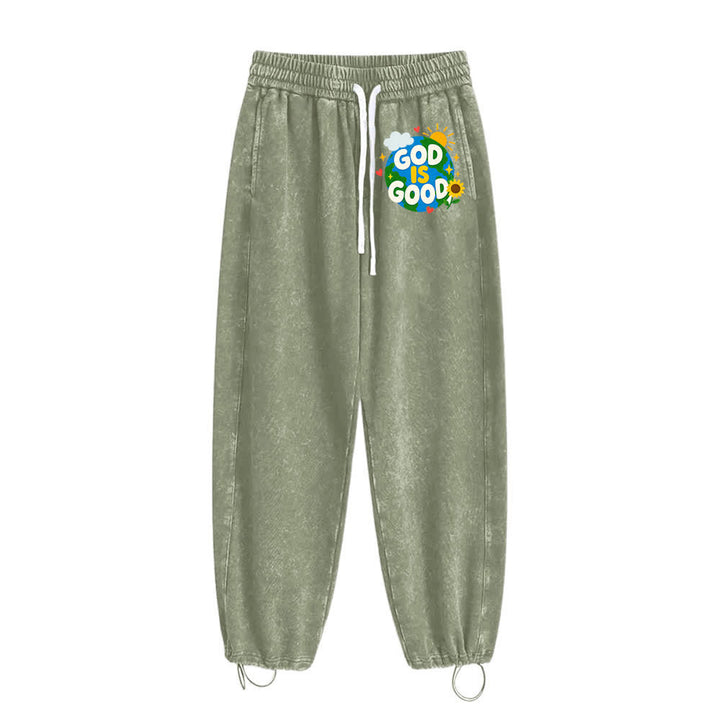 Christianartworkshop Pantaloni della tuta lavati con scritta "Dio è buono" e girasole - image 2