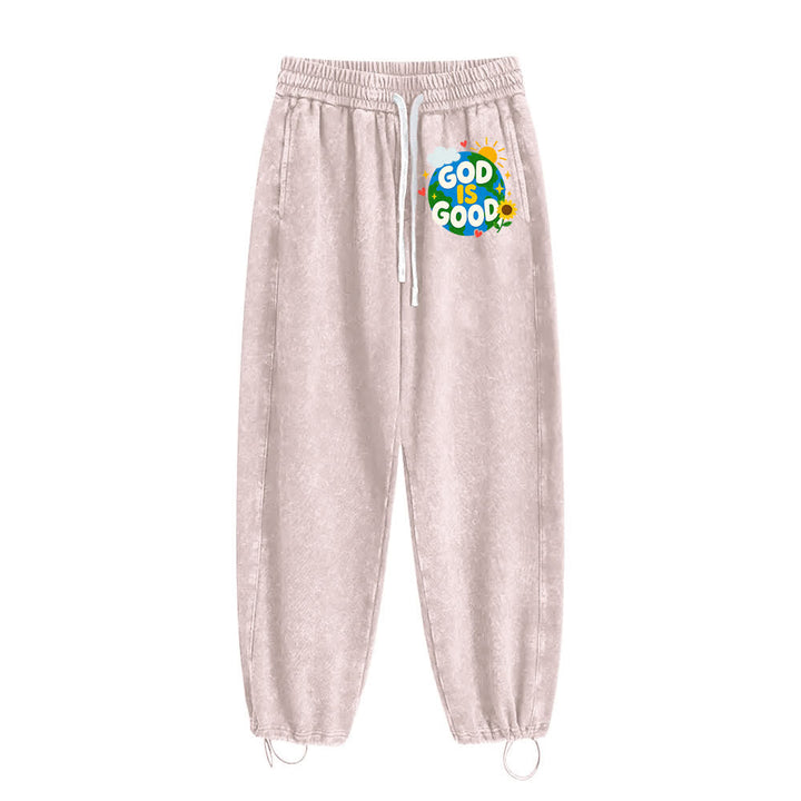 Christianartworkshop Pantaloni della tuta lavati con scritta "Dio è buono" e girasole - image 14