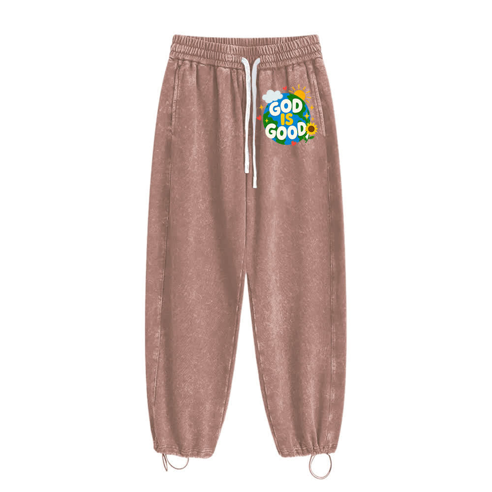 Christianartworkshop Pantaloni della tuta lavati con scritta "Dio è buono" e girasole - image 11