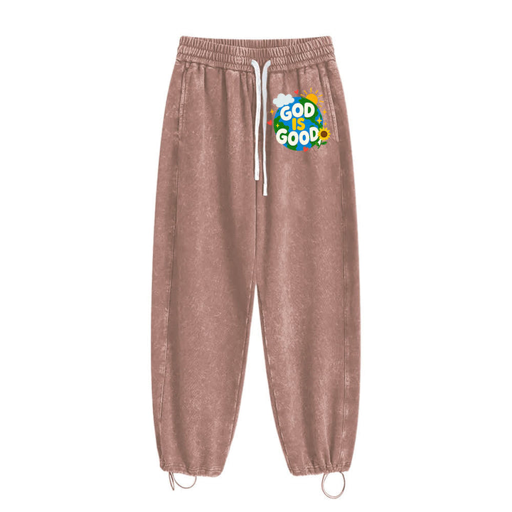 Christianartworkshop Pantaloni della tuta lavati con scritta "Dio è buono" e girasole - image 11