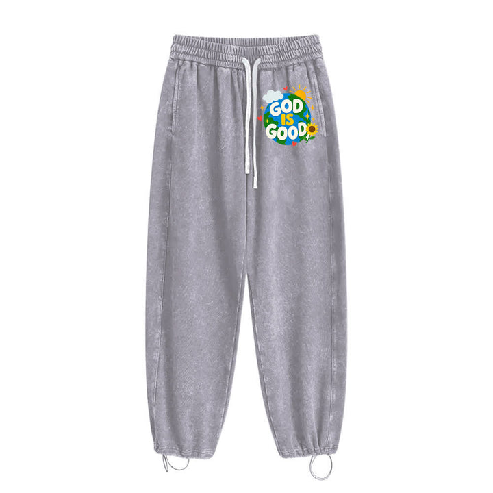 Christianartworkshop Pantaloni della tuta lavati con scritta "Dio è buono" e girasole - image 8
