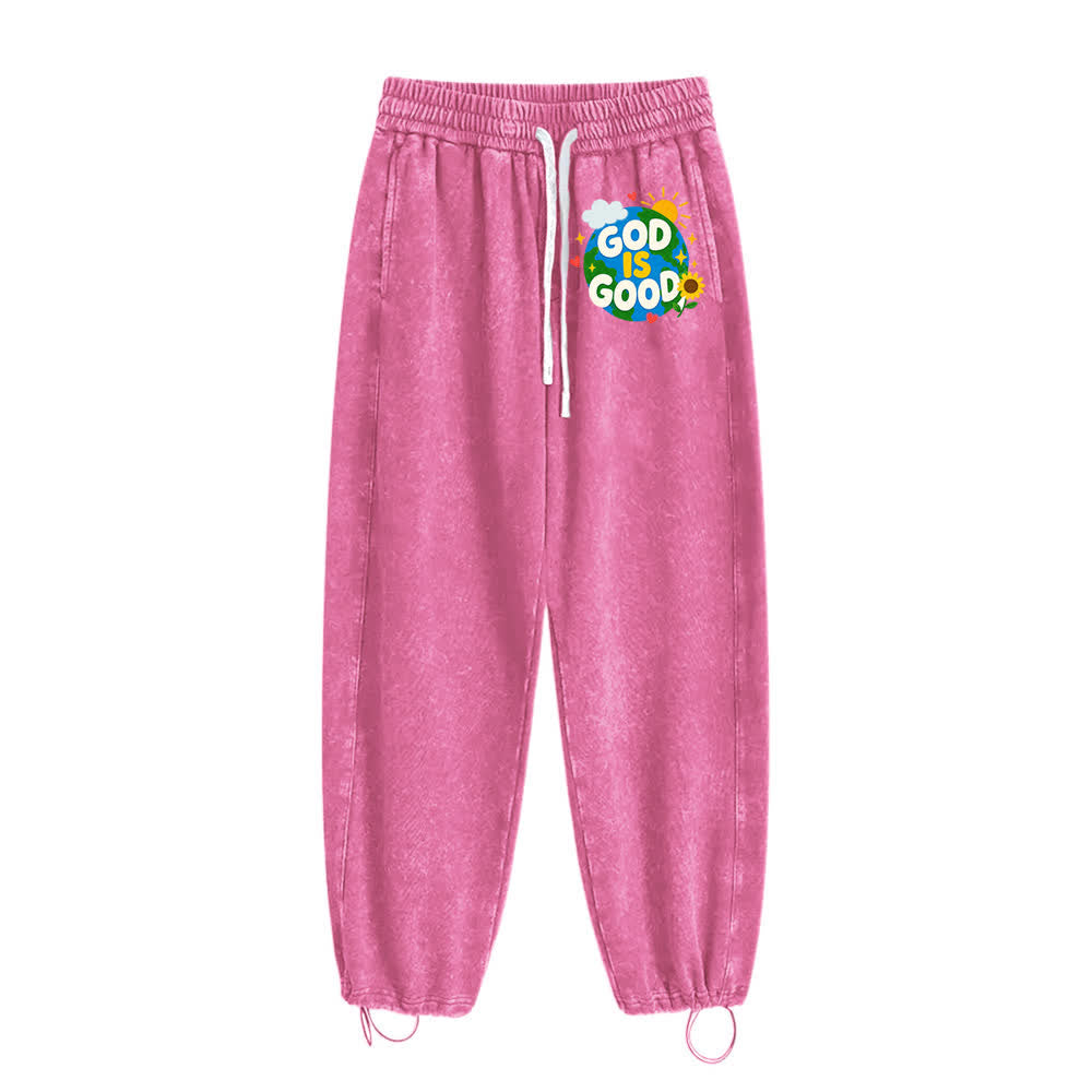 Christianartworkshop Pantaloni della tuta lavati con scritta "Dio è buono" e girasole - image 17