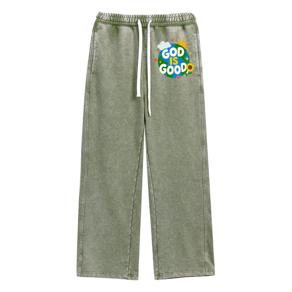 Christianartworkshop Pantaloni della tuta lavati con scritta "Dio è buono" e girasole - Verde militare - 2XL - image 0