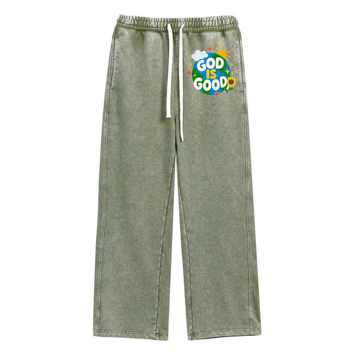 Christianartworkshop Pantaloni della tuta lavati con scritta "Dio è buono" e girasole - Verde militare - 2XL - image 0