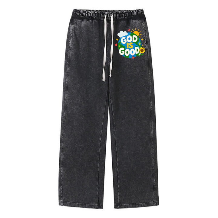 Christianartworkshop Pantaloni della tuta lavati con scritta "Dio è buono" e girasole - Nero - 2XL - image 3