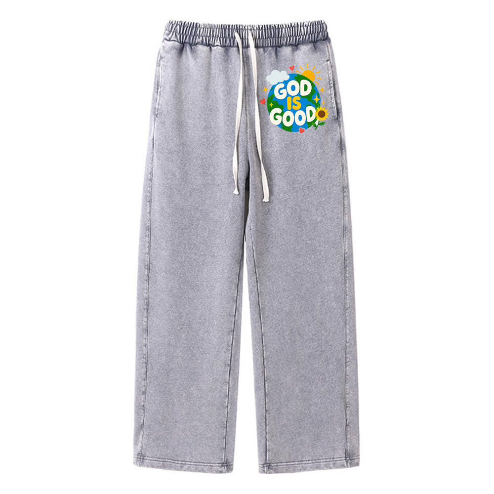 Christianartworkshop Pantaloni della tuta lavati con scritta "Dio è buono" e girasole - Grigio - 2XL - image 6