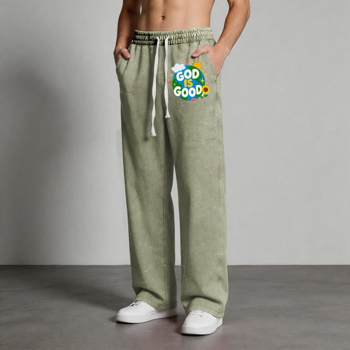 Christianartworkshop Pantaloni della tuta lavati con scritta "Dio è buono" e girasole - image 1