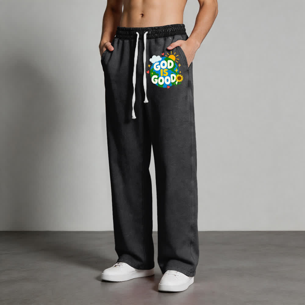 Christianartworkshop Pantaloni della tuta lavati con scritta "Dio è buono" e girasole - image 4