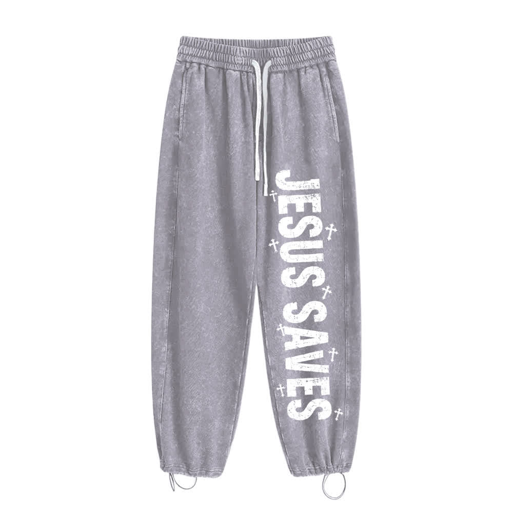 Christianartworkshop Pantaloni della tuta lavati con scritta "Jesus Saves Distressed Statement" - image 5