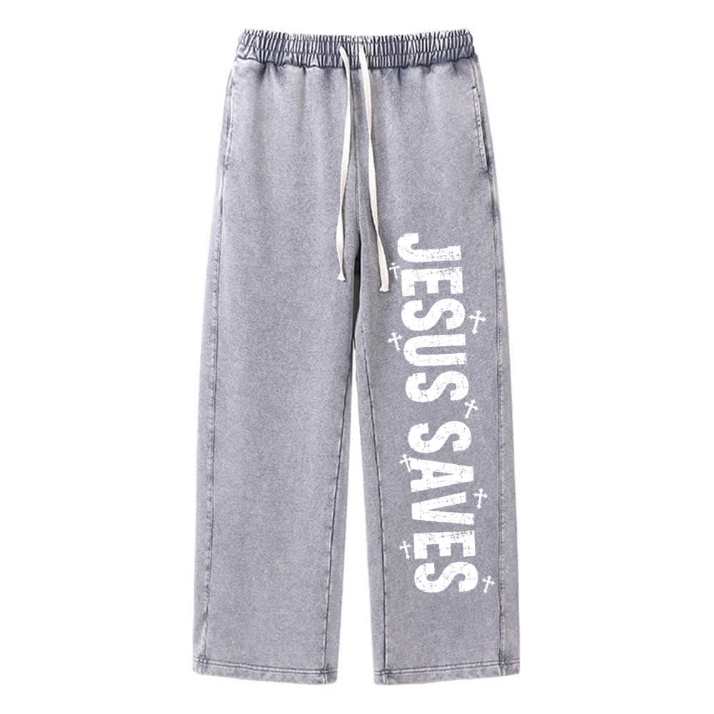 Christianartworkshop Pantaloni della tuta lavati con scritta "Jesus Saves Distressed Statement" - Grigio - 2XL - image 3
