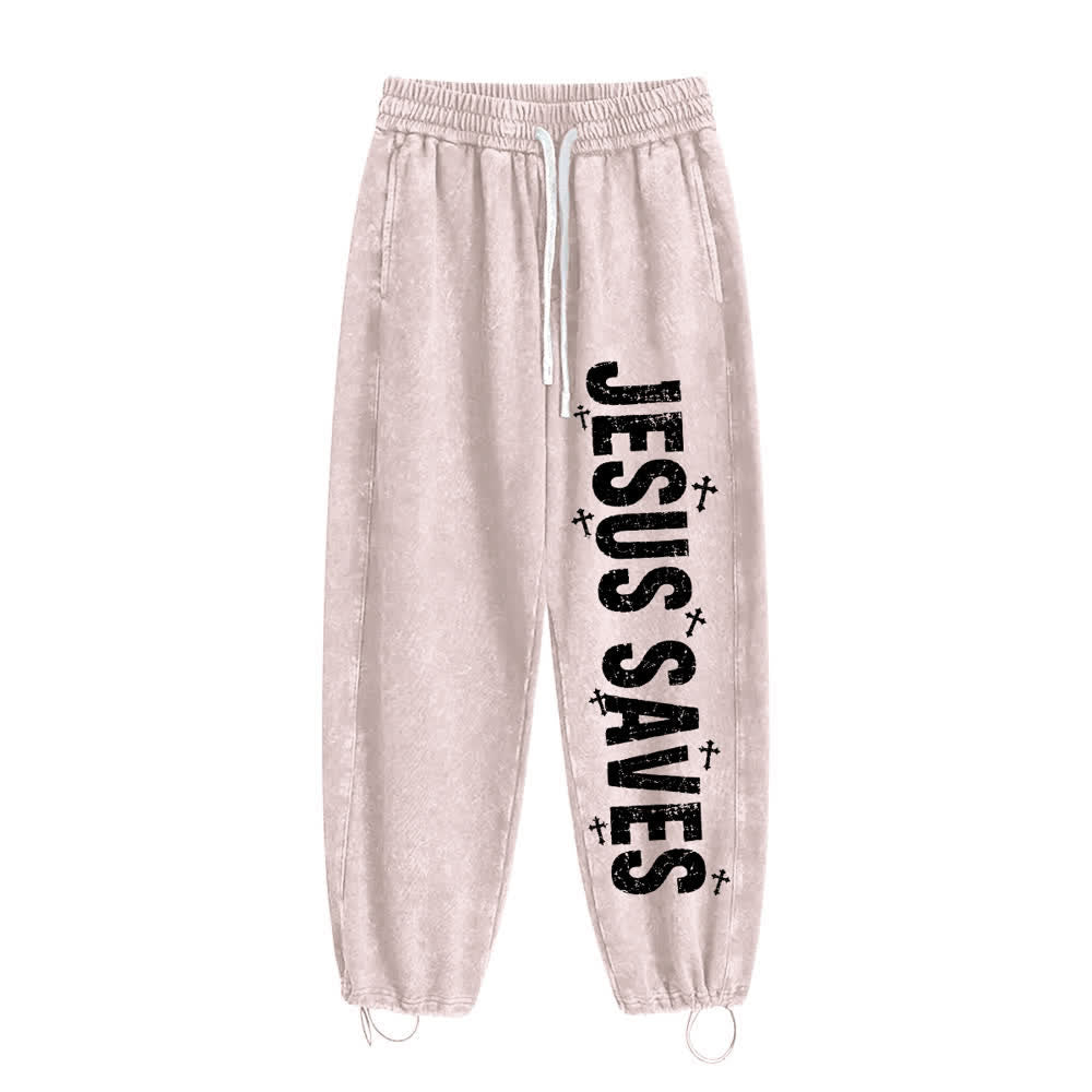 Christianartworkshop Pantaloni della tuta lavati con scritta "Jesus Saves Distressed Statement" - Beige - 2XL - image 8