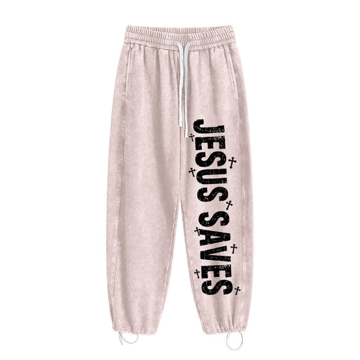 Christianartworkshop Pantaloni della tuta lavati con scritta "Jesus Saves Distressed Statement" - Beige - 2XL - image 8