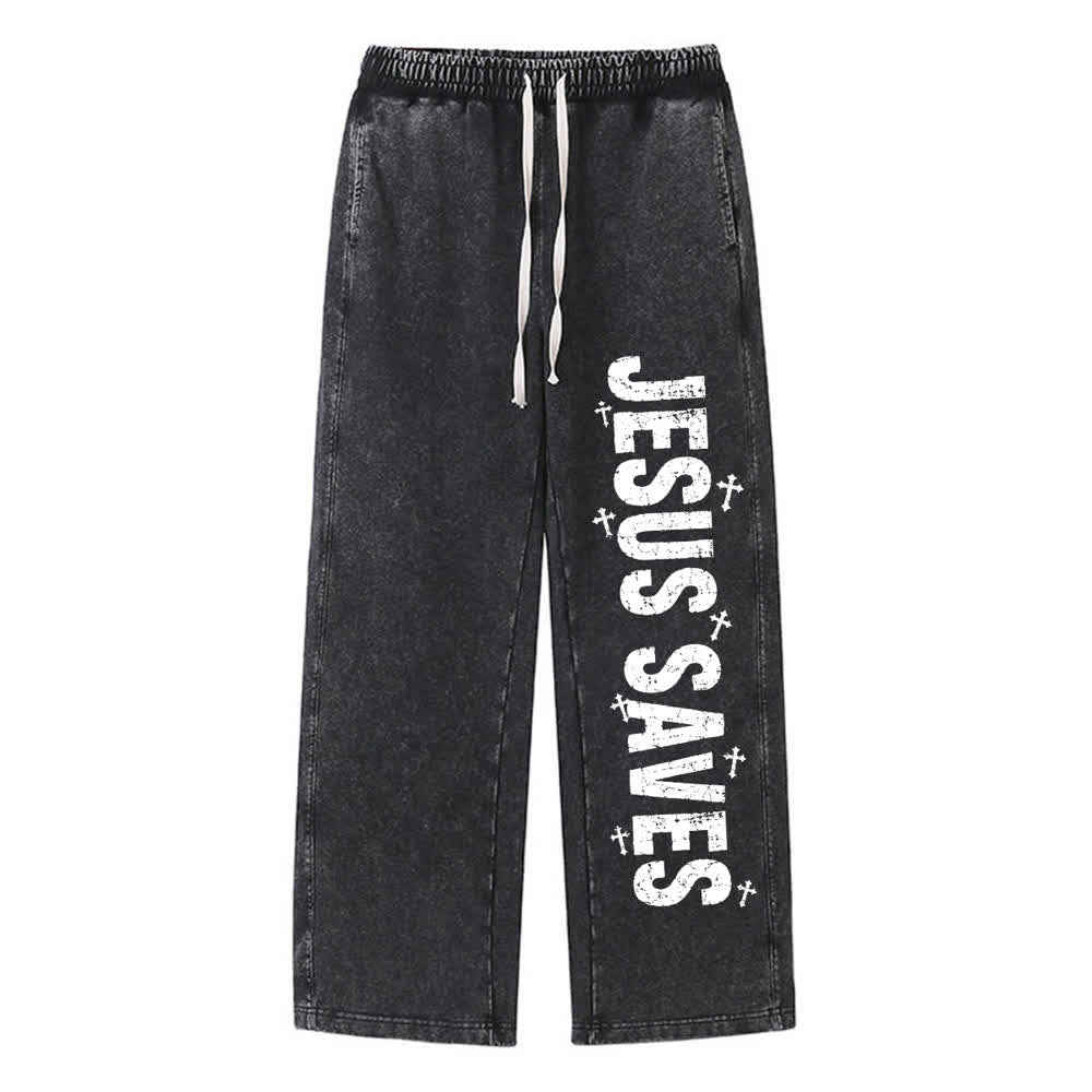 Christianartworkshop Pantaloni della tuta lavati con scritta "Jesus Saves Distressed Statement" - Nero - 2XL - image 9