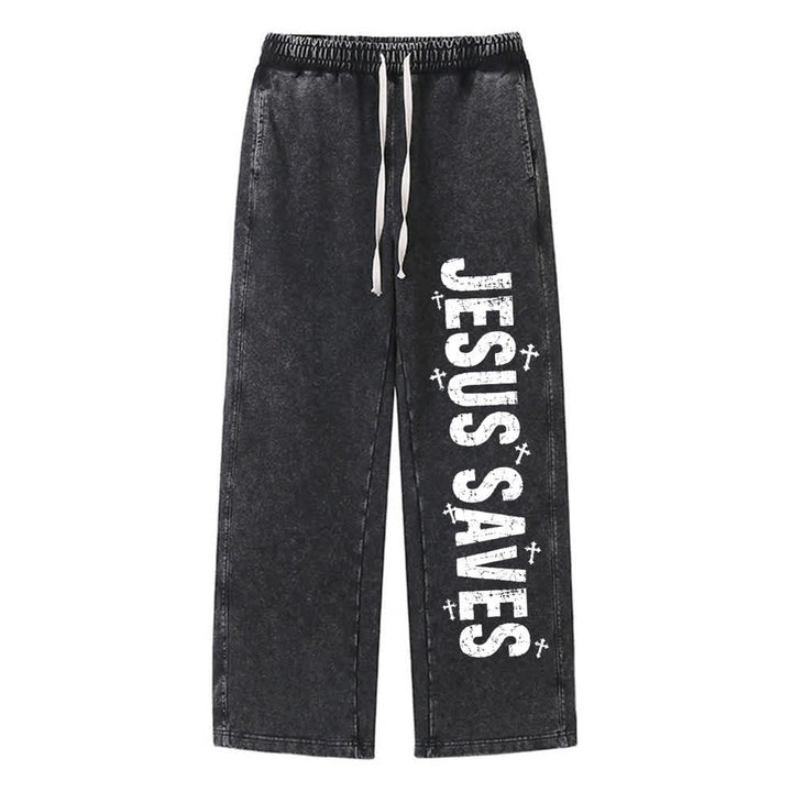 Christianartworkshop Pantaloni della tuta lavati con scritta "Jesus Saves Distressed Statement" - Nero - 2XL - image 9