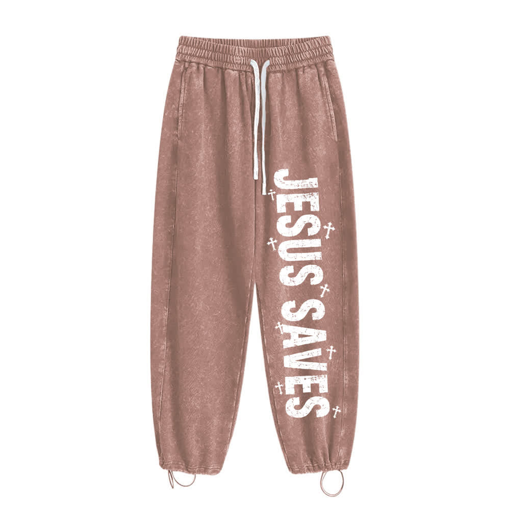 Christianartworkshop Pantaloni della tuta lavati con scritta "Jesus Saves Distressed Statement" - Marrone - 2XL - image 17
