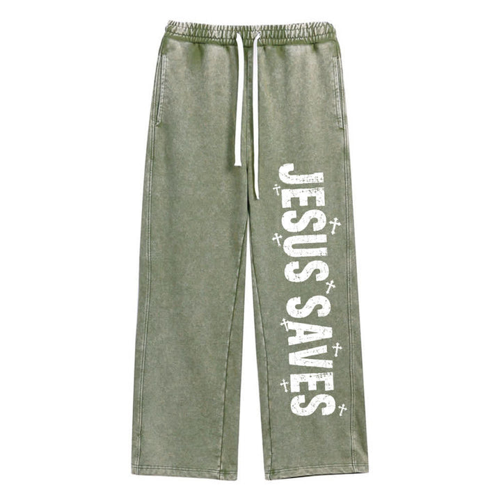 Christianartworkshop Pantaloni della tuta lavati con scritta "Jesus Saves Distressed Statement" - Verde militare - 2XL - image 12