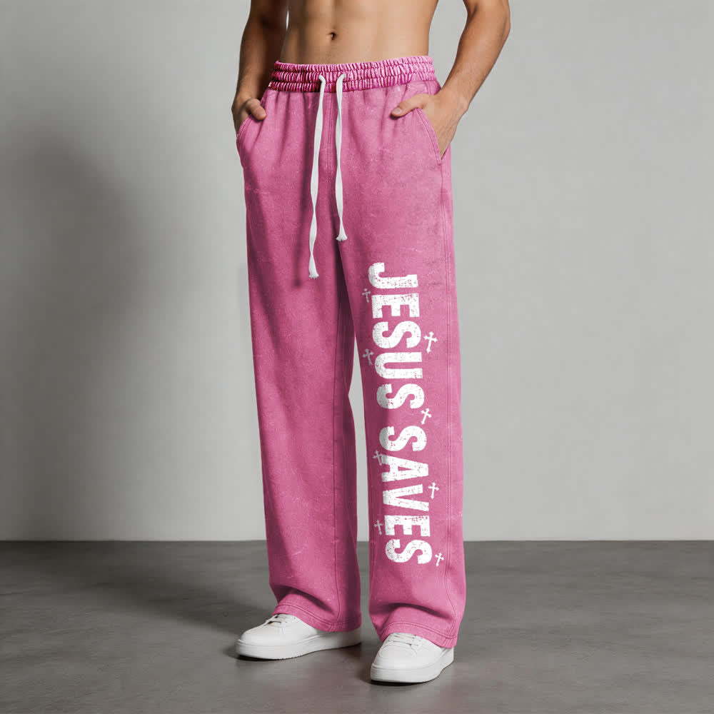 Christianartworkshop Pantaloni della tuta lavati con scritta "Jesus Saves Distressed Statement" - image 1