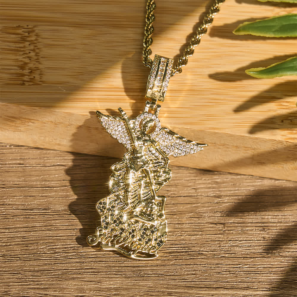 Christianartworkshop Collana con pendente di San Michele finemente lavorato e tempestato di gioielli: simbolo di nobile trionfo divino. - D'oro - image 4