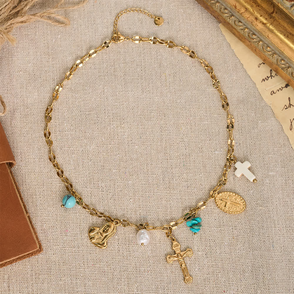 Christianartworkshop Collana con ciondoli multipli e croce crocifissa, emblema della Madonna, dolce consolazione celeste. - image 1