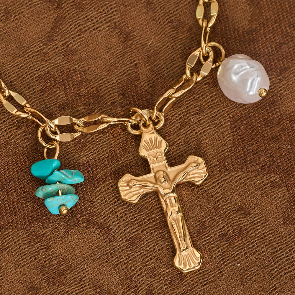 Christianartworkshop Collana con ciondoli multipli e croce crocifissa, emblema della Madonna, dolce consolazione celeste. - image 4