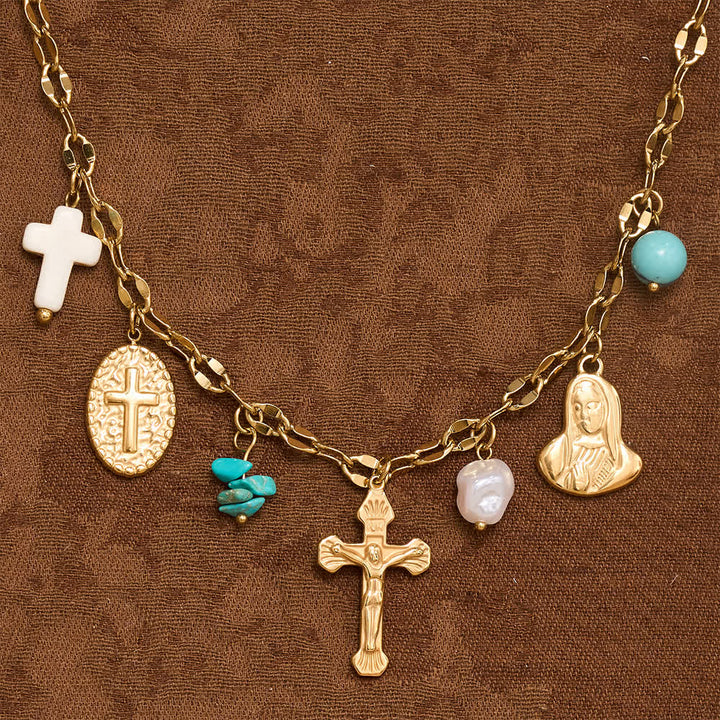 Christianartworkshop Collana con ciondoli multipli e croce crocifissa, emblema della Madonna, dolce consolazione celeste. - image 2