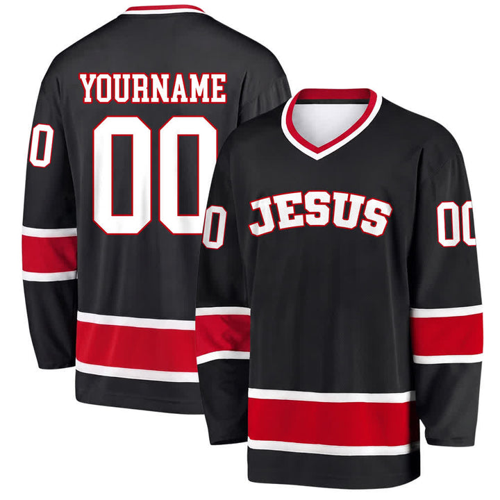Maglia da hockey Nome & Numero personalizzati e dichiarazione di fede in grassetto su Gesù, realizzata Christianartworkshop. - Nero - 5XL - Nome & Numero personalizzati - image 0
