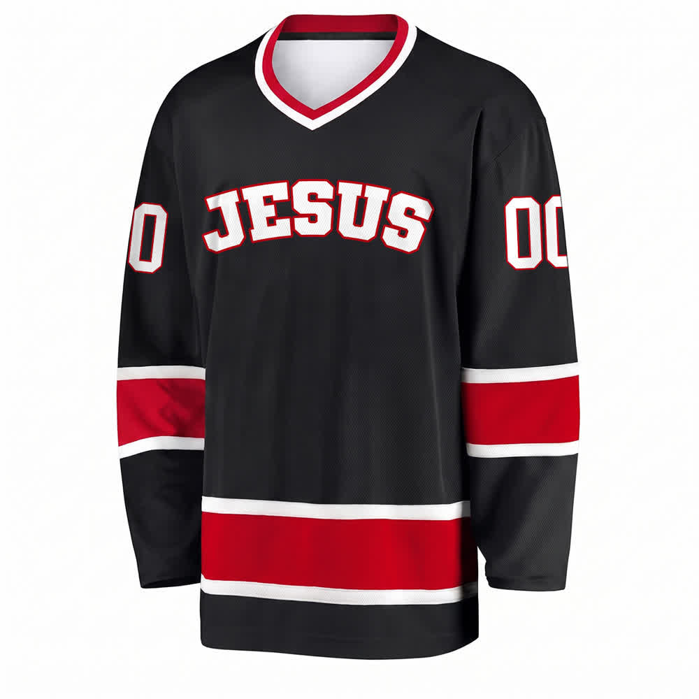 Maglia da hockey Nome & Numero personalizzati e dichiarazione di fede in grassetto su Gesù, realizzata Christianartworkshop. - image 1